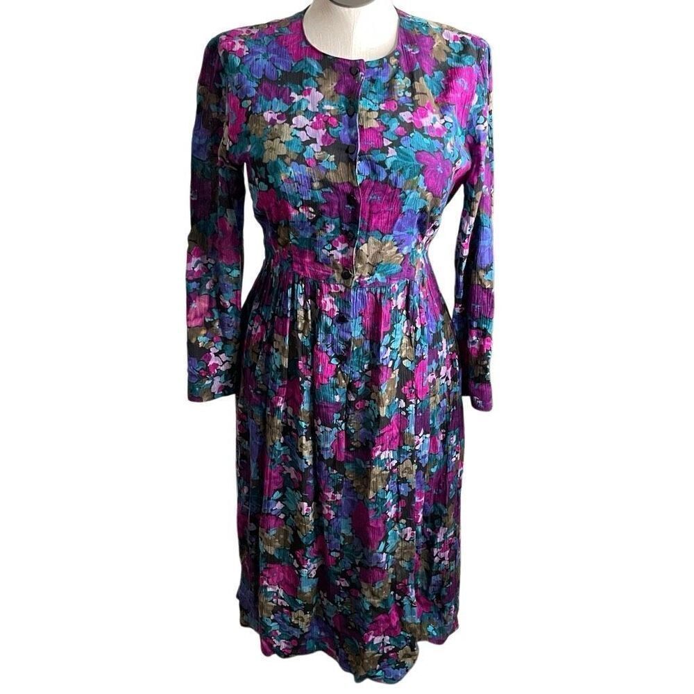 Vtg California Girl Womens Long Sleeve Midi Drop Waist Dress 12 Jewel Tone Retro